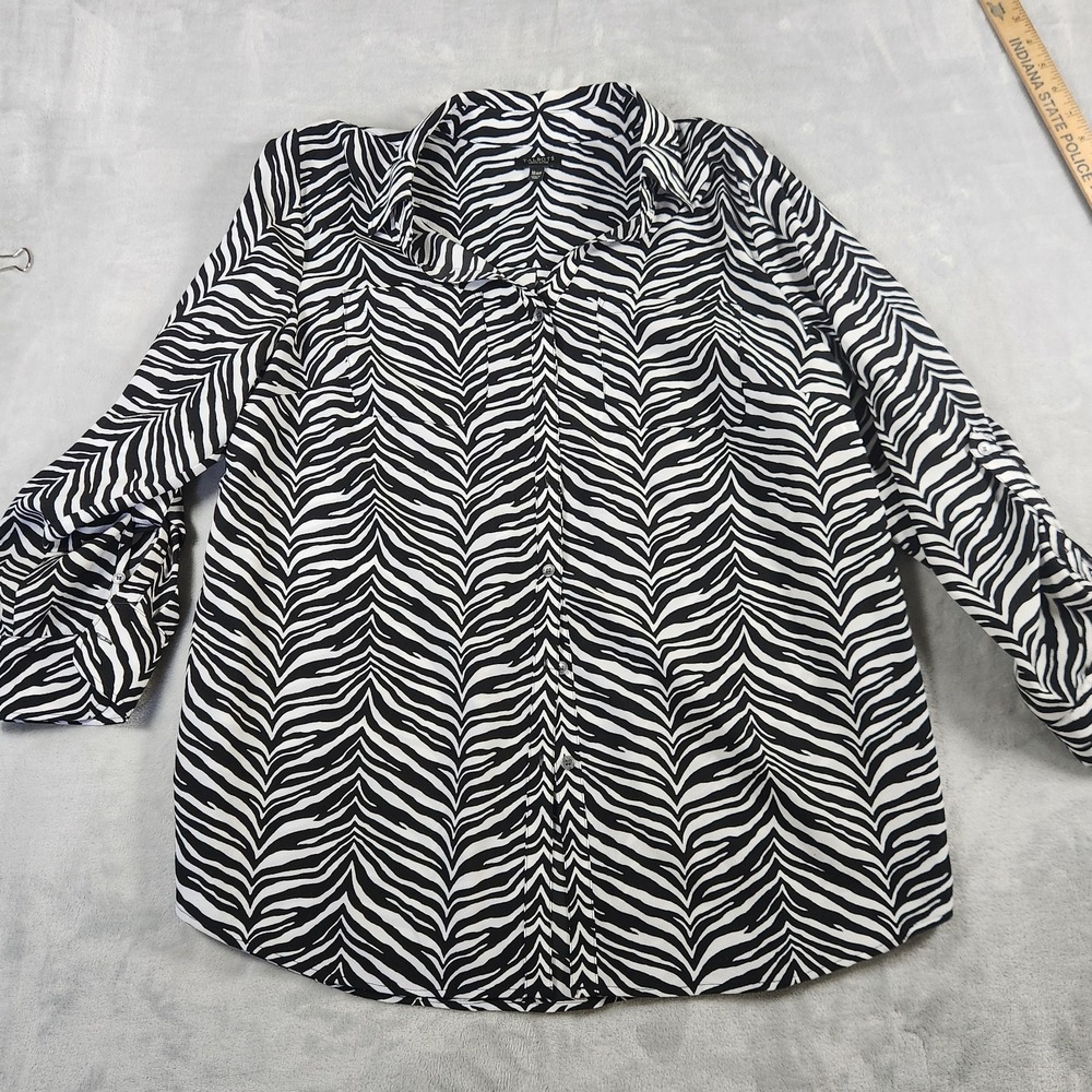 Talbots Womens Petites 16 Zebra Animal Print Button Up Black White Plus Roll Tab